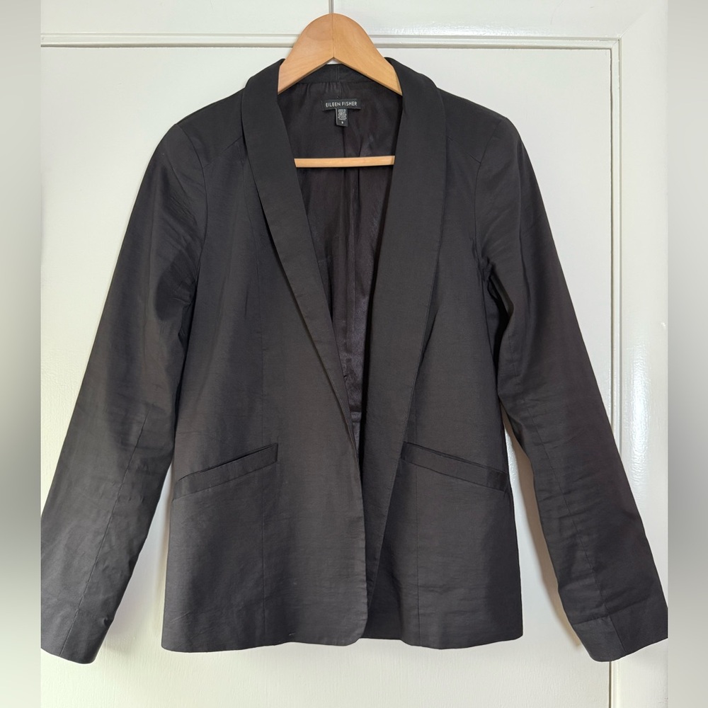 Eileen Fisher Open Front Polished Ramie Shawl Lapel Blazer Minimalist Neutral